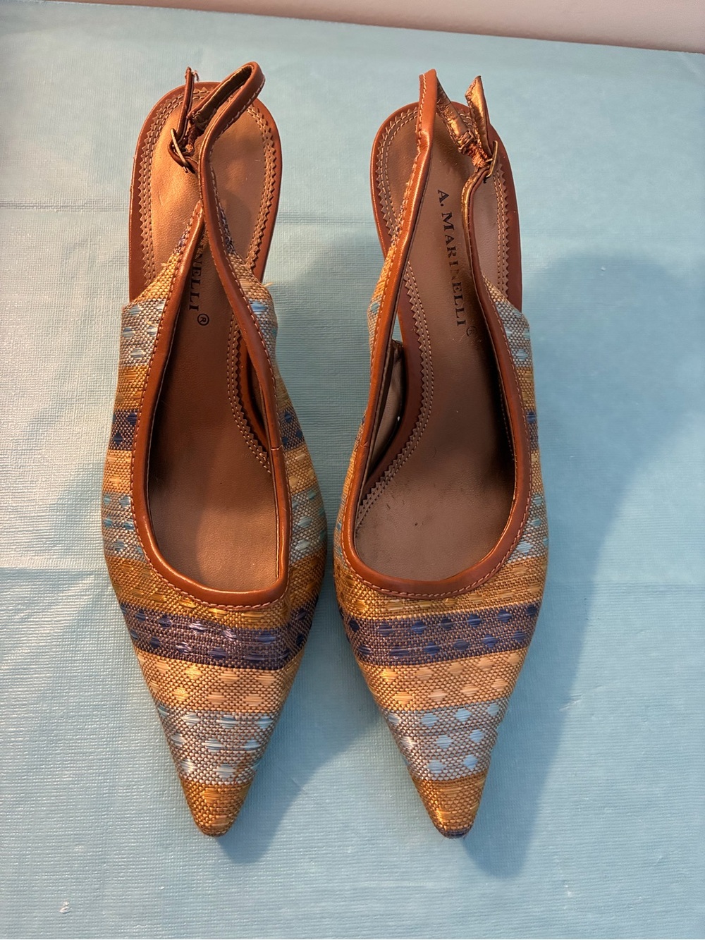 A. Marinelli Pointed Slingback Mules in Woven Tan, Blue and Cream Size 9.5